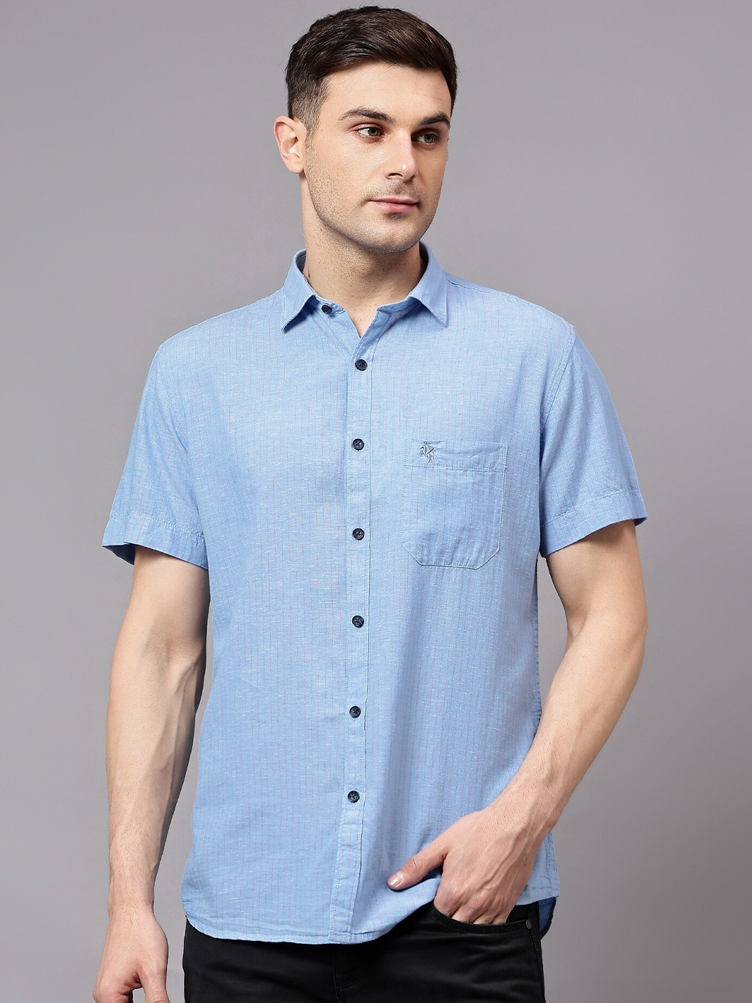 

Cantabil Comfort Opaque Striped Half Sleeves Cotton Linen Casual Shirt, Blue