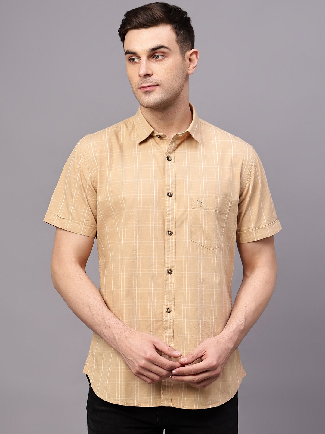 

Cantabil Comfort Windowpane Checked Cotton Casual Shirt, Beige