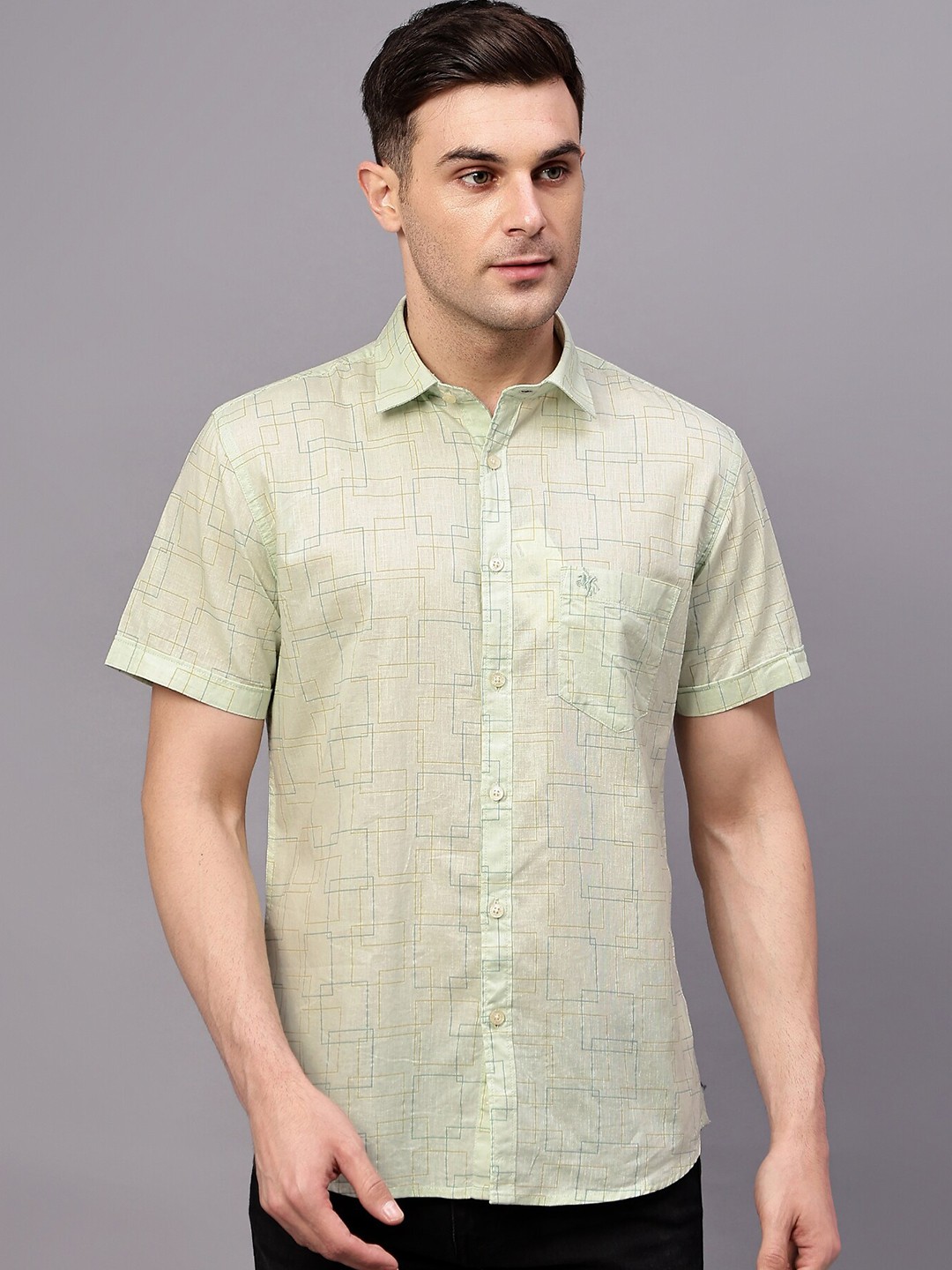 

Cantabil Comfort Opaque Geometric Printed Cotton Linen Casual Shirt, Green