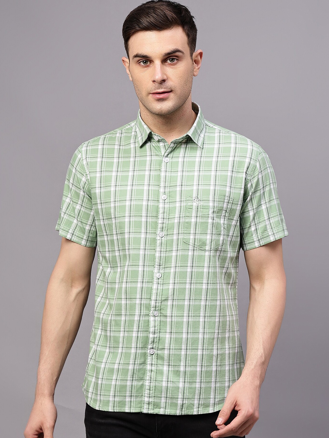 

Cantabil Comfort Tartan Checks Spread Collar Short Sleeves Cotton Casual Shirt, Green