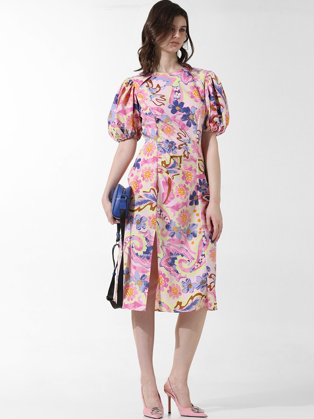 

ONLY Floral Printed Puff Sleeves Slit Detail Boat Neck A-Line Midi Dress, Pink