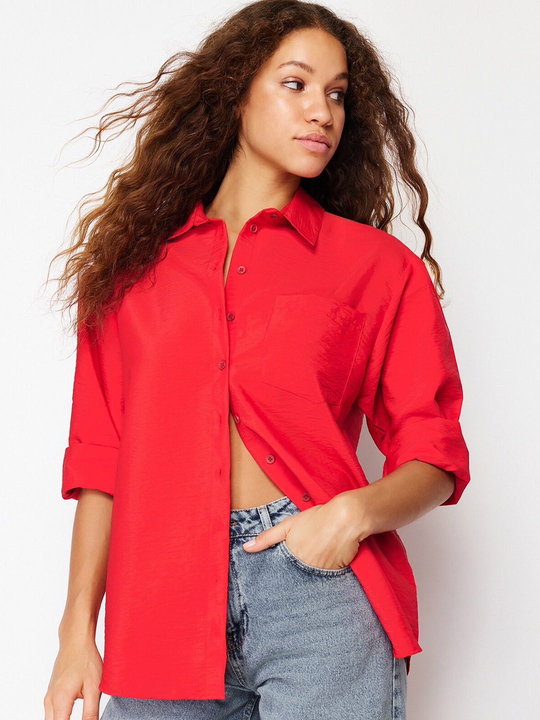 

Trendyol Spread Collar Opaque Casual Shirt, Red