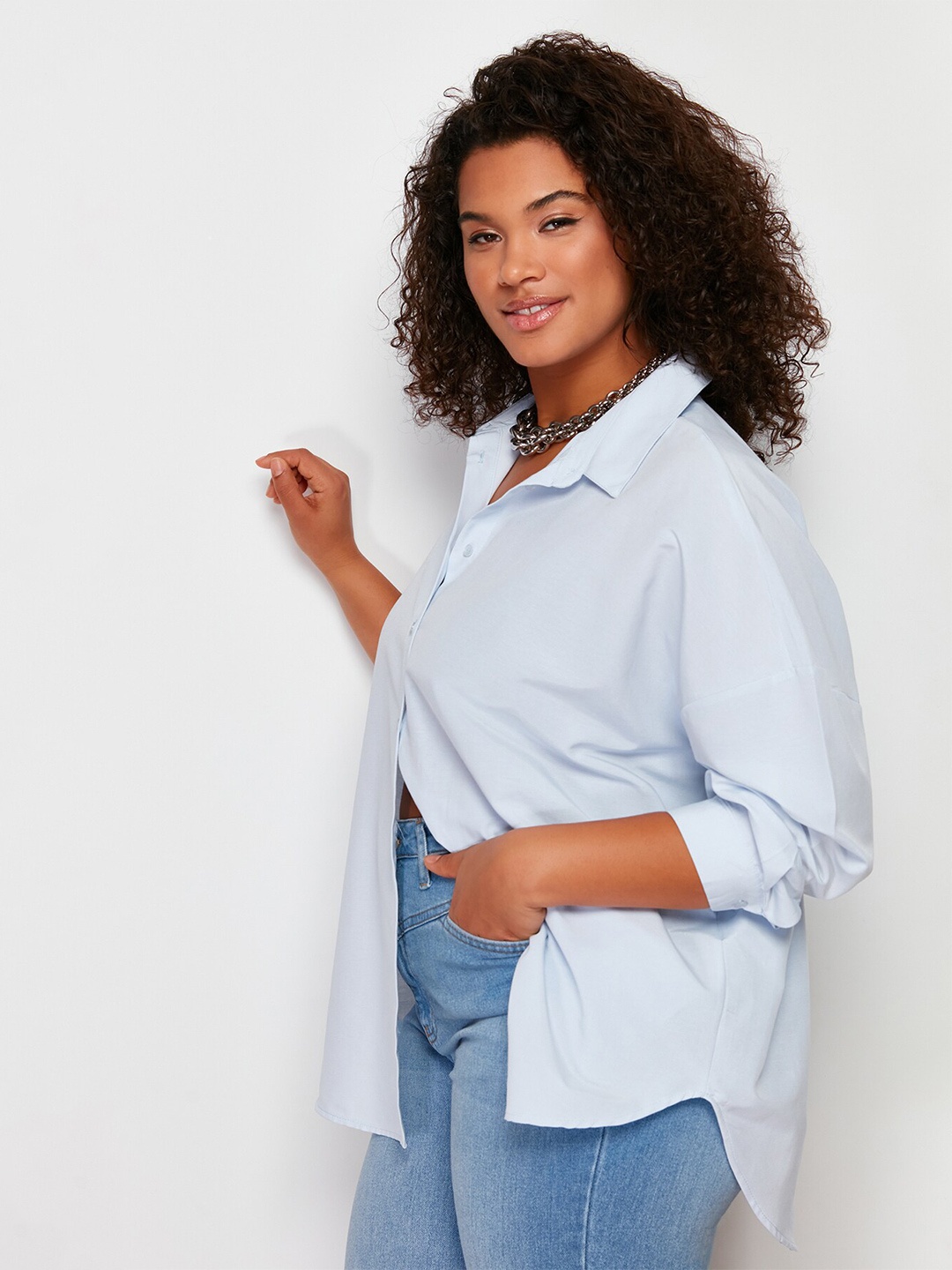 

Trendyol Plus Size Spread Collar Casual Shirt, Blue