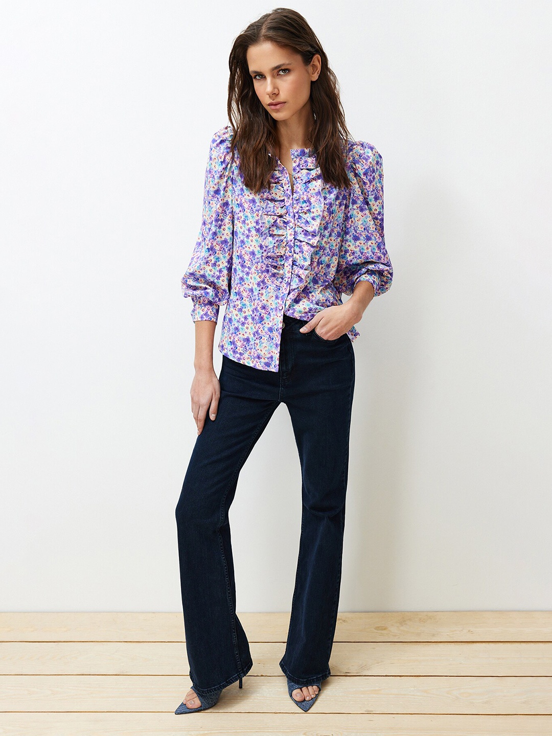 

Trendyol Floral Printed Ruffles Mandarin Collar Opaque Casual Shirt, Purple