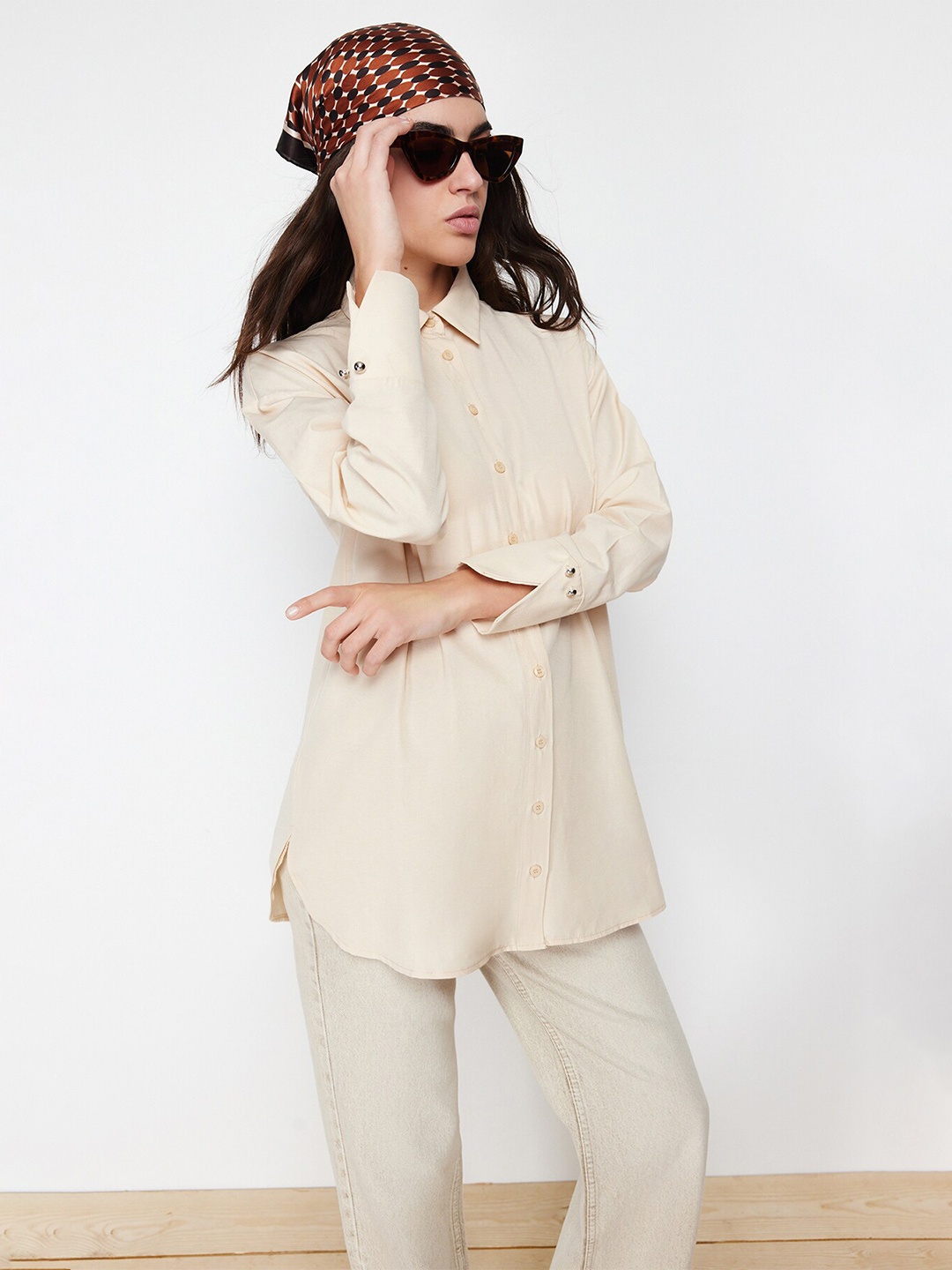 

Trendyol Long Sleeves Longline Casual Shirt, Beige