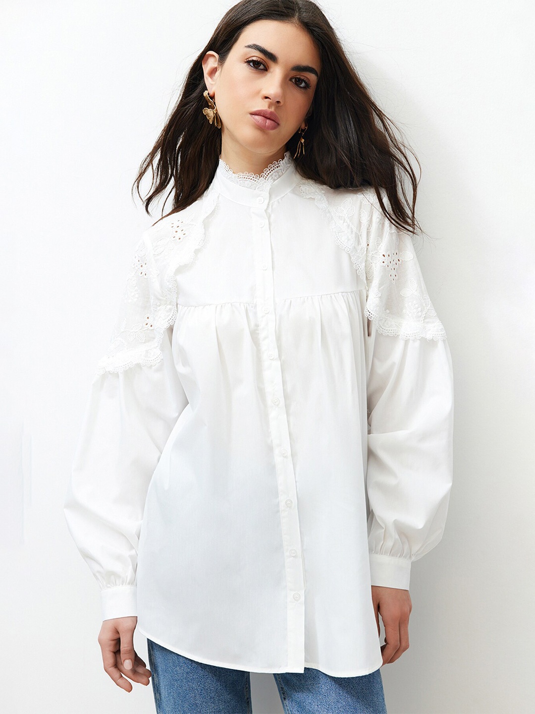 

Trendyol Self Design High Neck Cuffed Sleeves Shirt Style Top, White