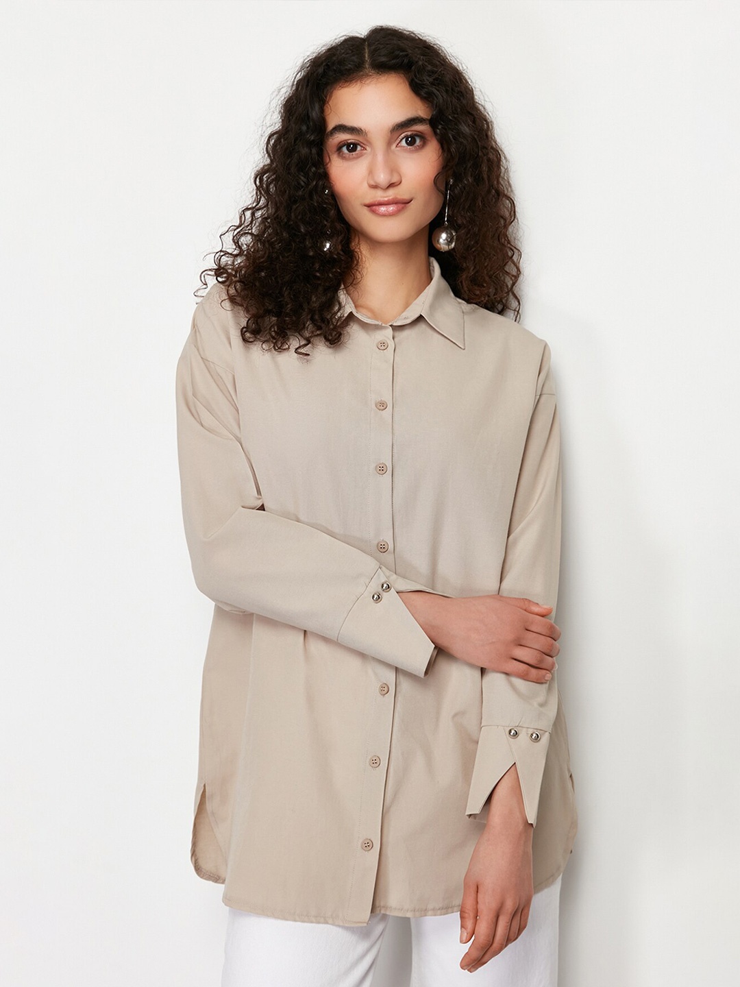 

Trendyol Spread Collar Longline Casual Shirt, Beige