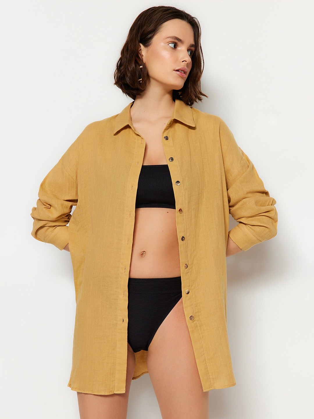 

Trendyol Spread Collar Drop-Shoulder Sleeves Cotton Longline Casual Shirt, Camel brown