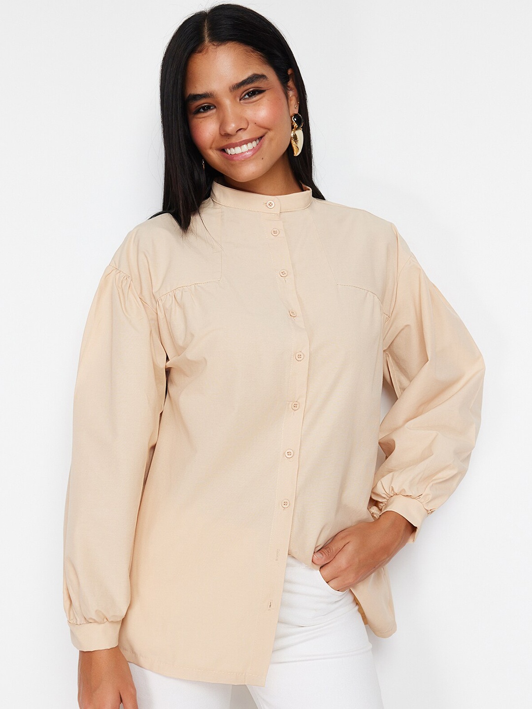 

Trendyol Mandarin Collar Drop-Shoulder Sleeves Casual Shirt, Beige