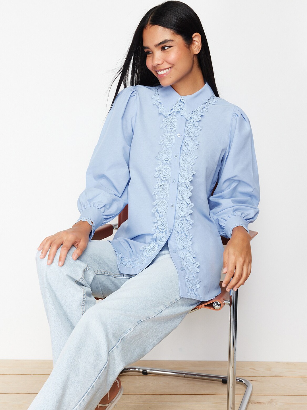 

Trendyol Spread Collar Puff Sleeves Cotton Opaque Casual Shirt, Blue