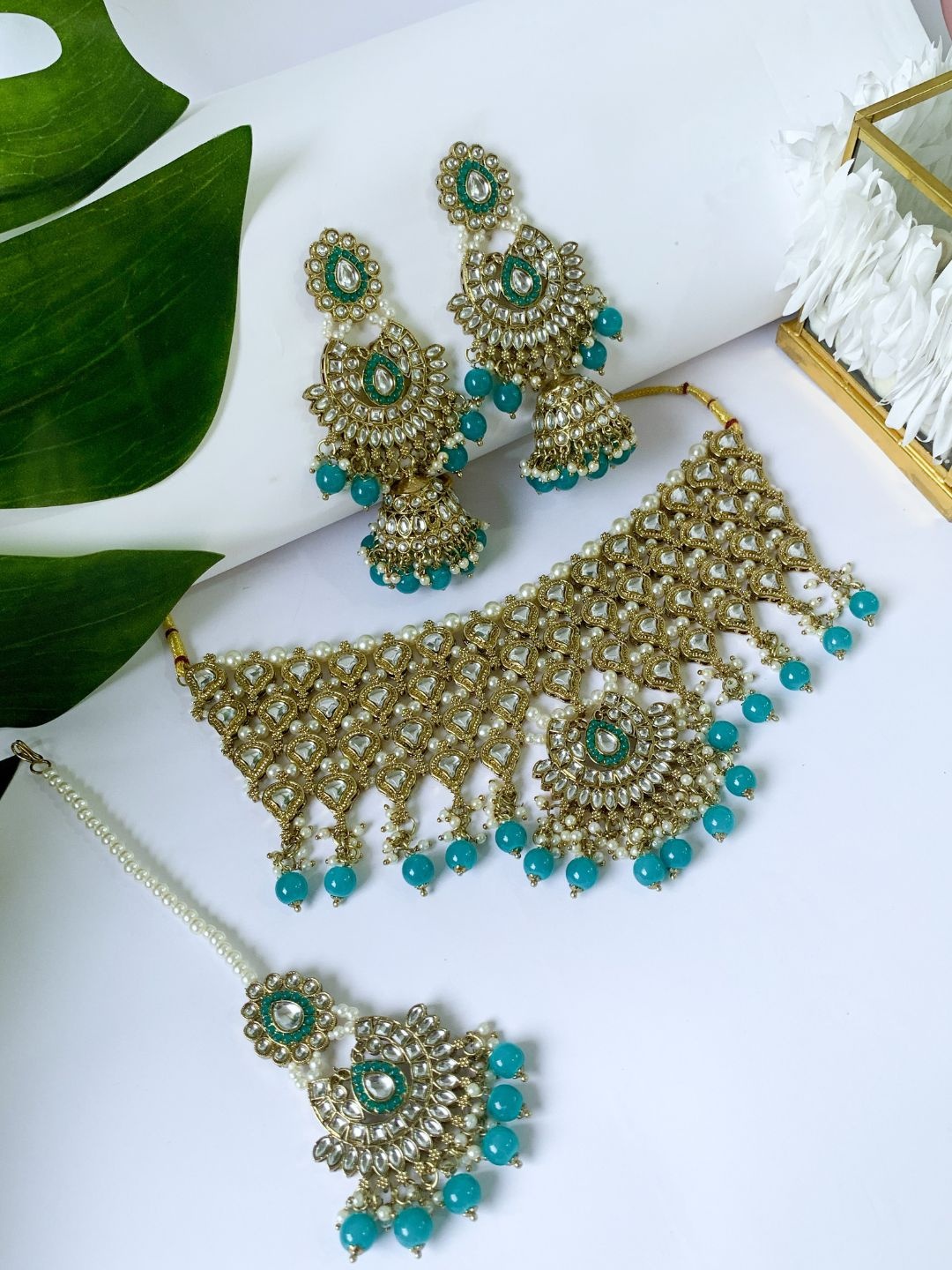 

I Jewels Gold Plated Kundan-Studded & Pearl Beaded Jewellery Set