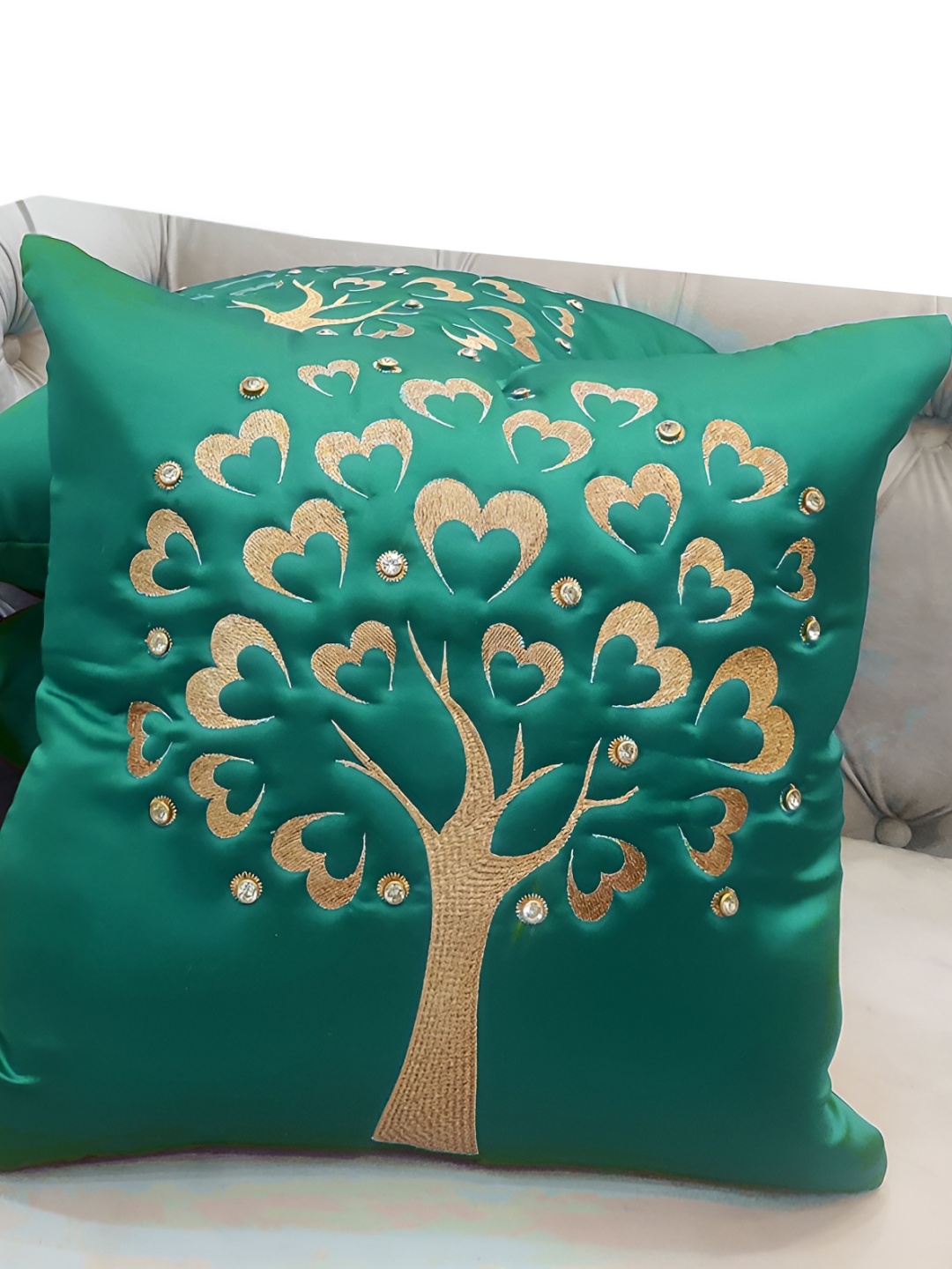 

Good Vibes Green & Gold-Toned Set of 3 Embroidered Square Cushion Covers