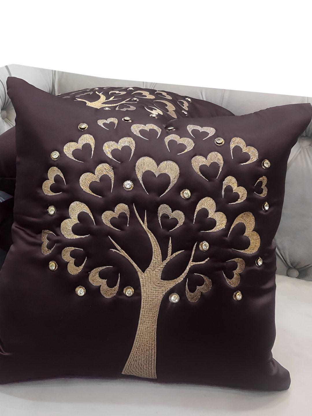 

Good Vibes Brown & Gold-Toned Set of 3 Embroidered Square Cushion Covers