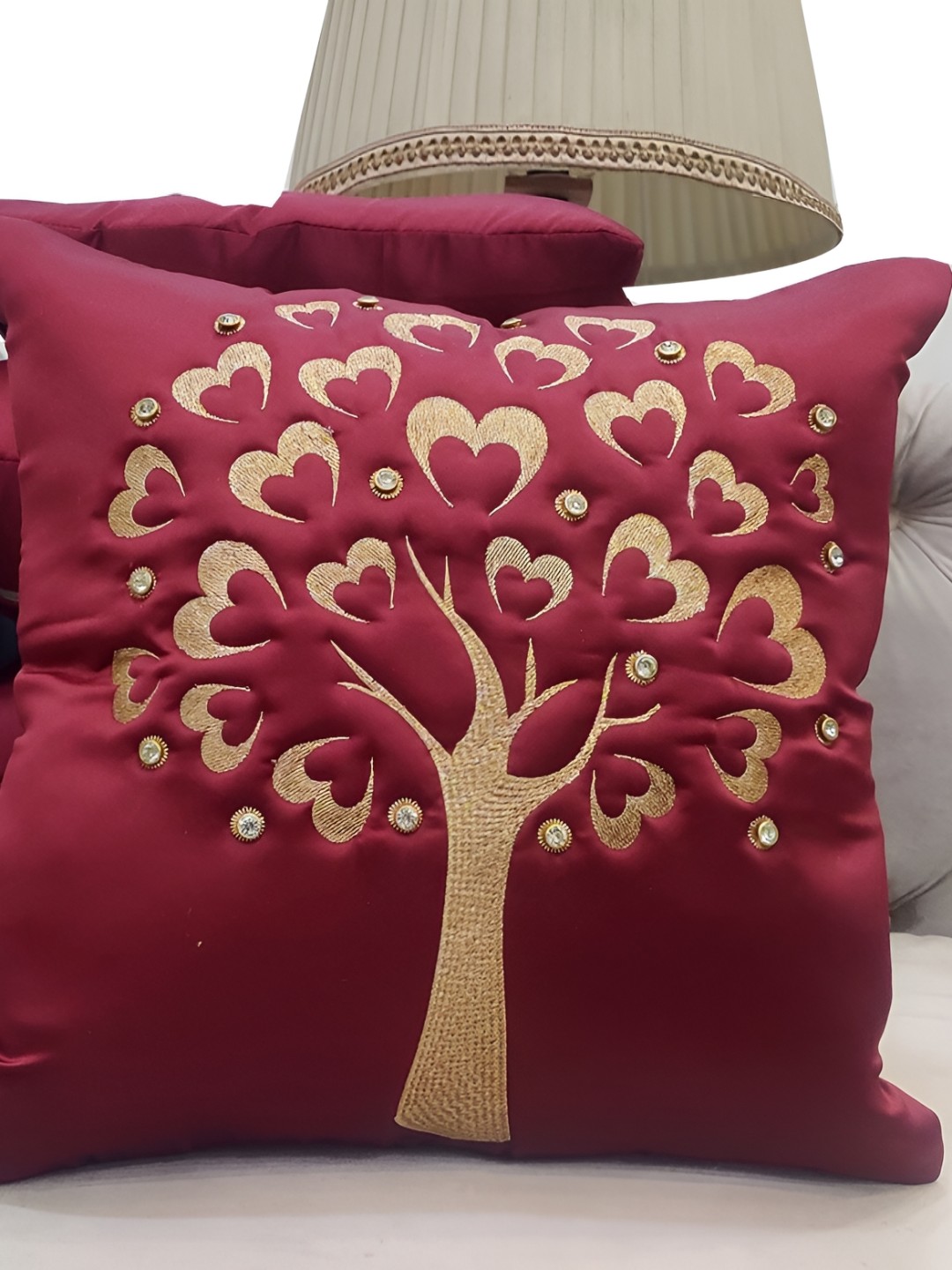 

Good Vibes Maroon & Gold-Toned 5 Pieces Embroidered Square Cushion Covers