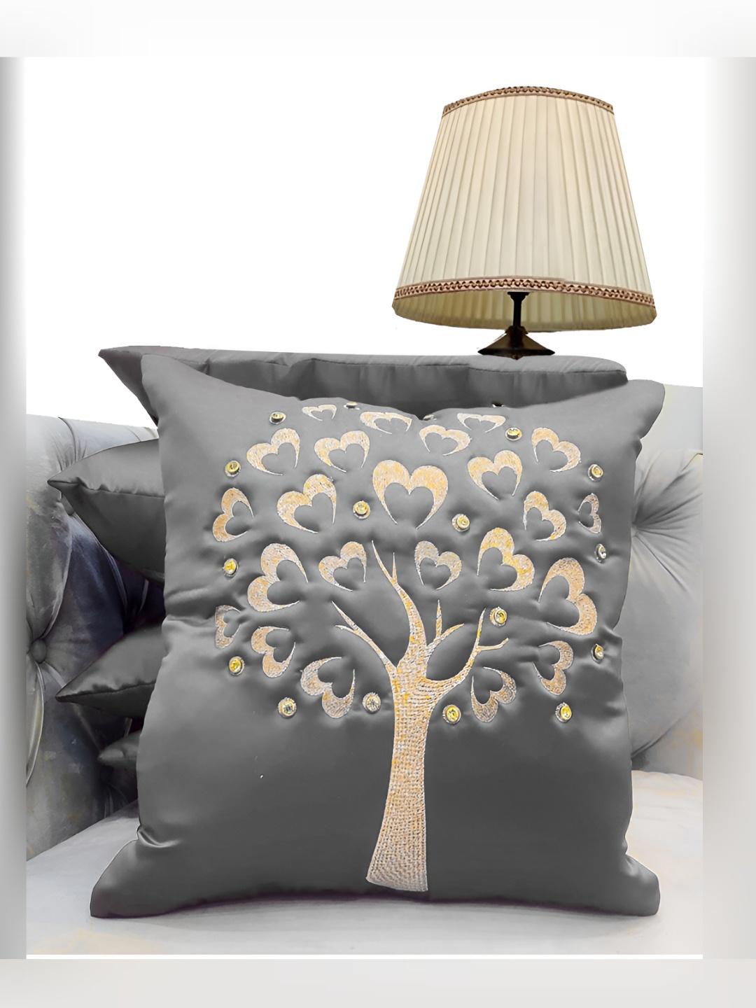 

Good Vibes Grey & Gold-Toned Set of 5 Embroidered Square Cushion Covers