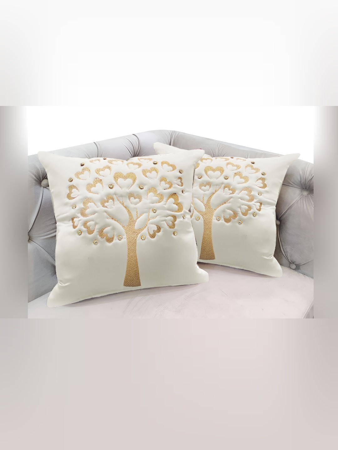 

Good Vibes White & Gold-Toned Set of 2 Embroidered Square Cushion Covers