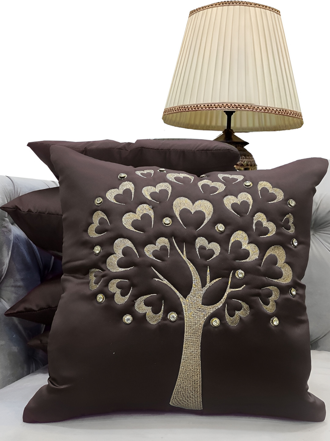 

Good Vibes Brown & Gold-Toned Set of 5 Embroidered Square Cushion Covers