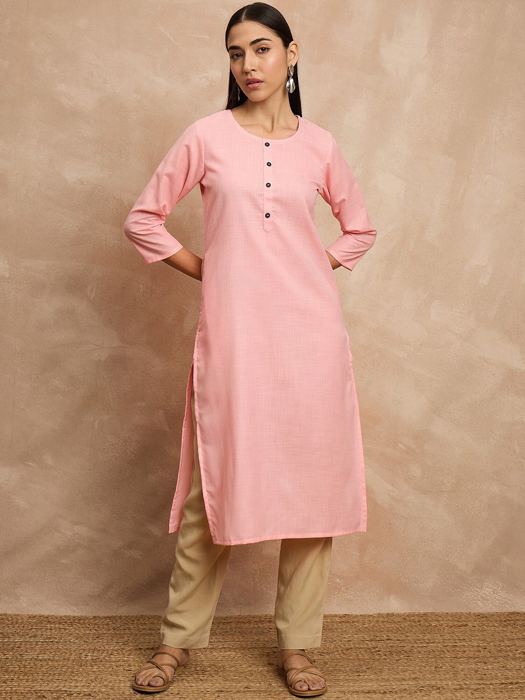 

all about you Pink Round Neck Three-Quarter Sleeves Straight Kurta