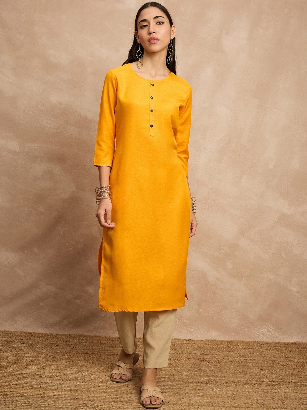 

all about you Mustard Yellow Round Neck Three-Quarter Sleeves Straight Kurta