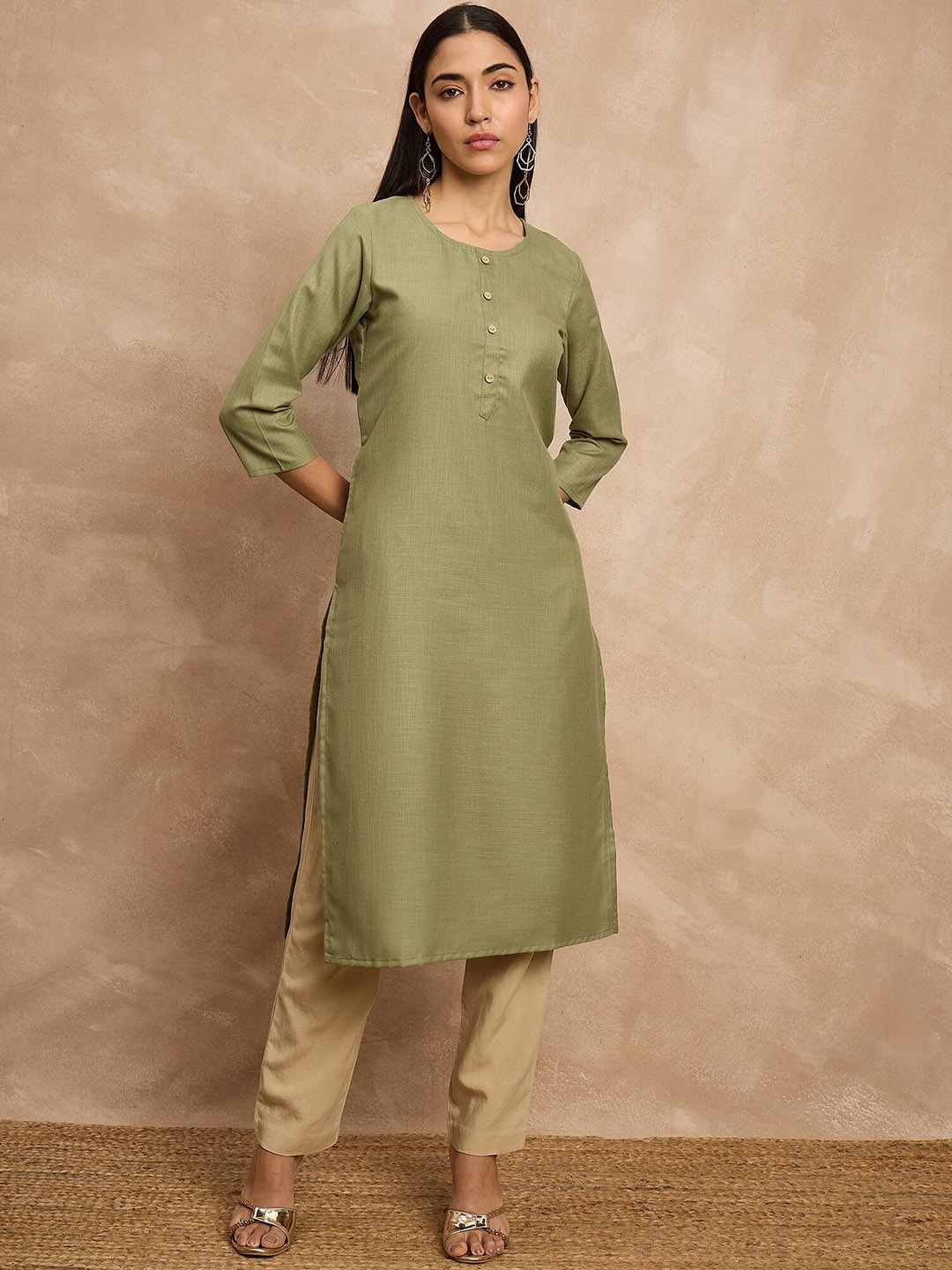 

all about you Regular Sleeves Round Neck Cotton Straight Kurta, Lime green