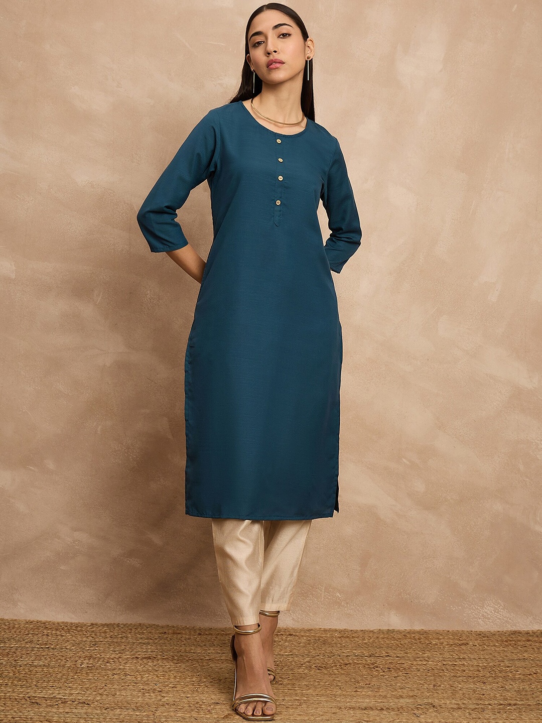 

all about you Teal Blue Round Neck Three-Quarter Sleeves Straight Kurta