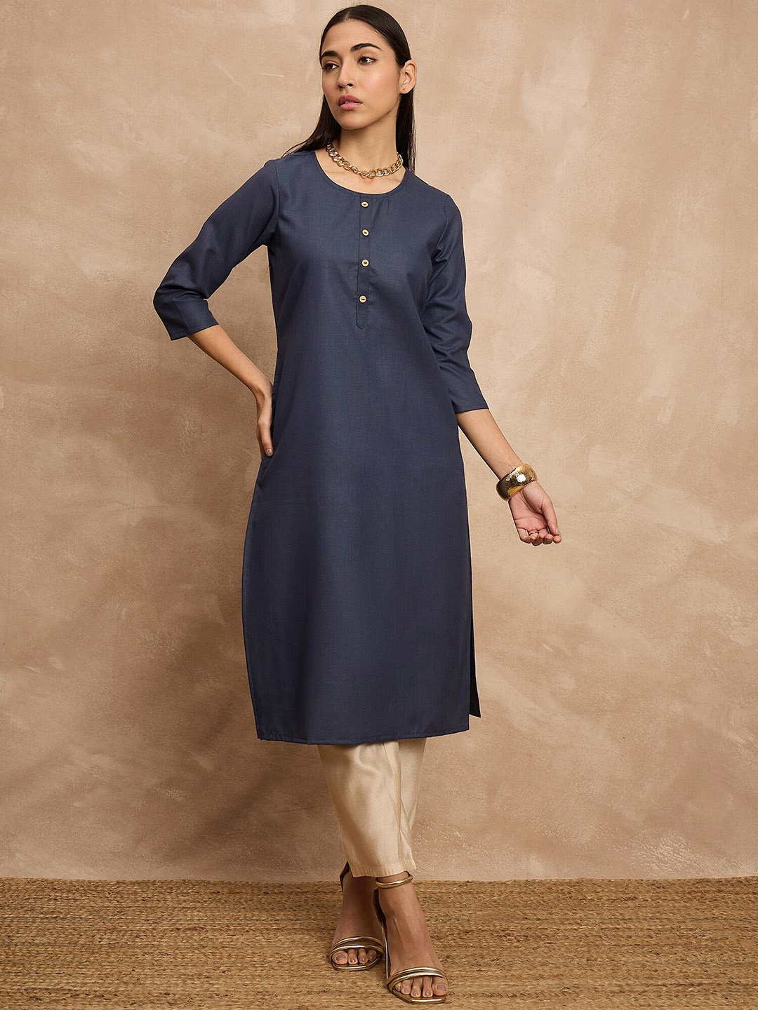 

all about you Navy Blue Round Neck Three-Quarter Sleeves Straight Kurta