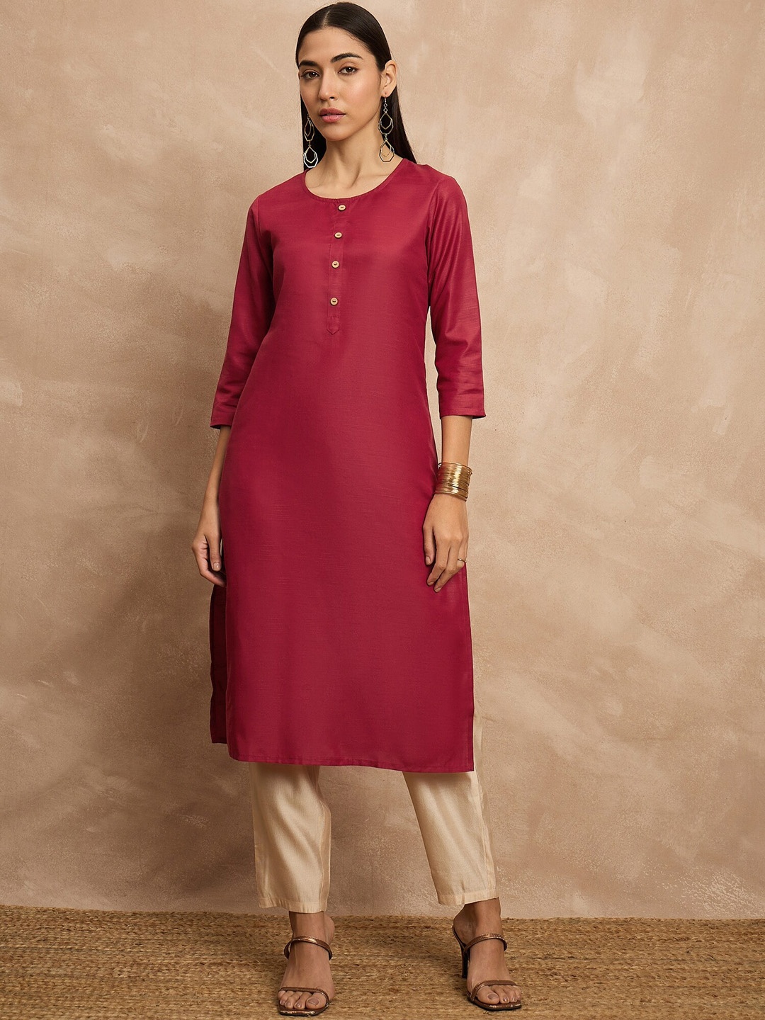 

all about you Round Neck Straight Kurta, Maroon