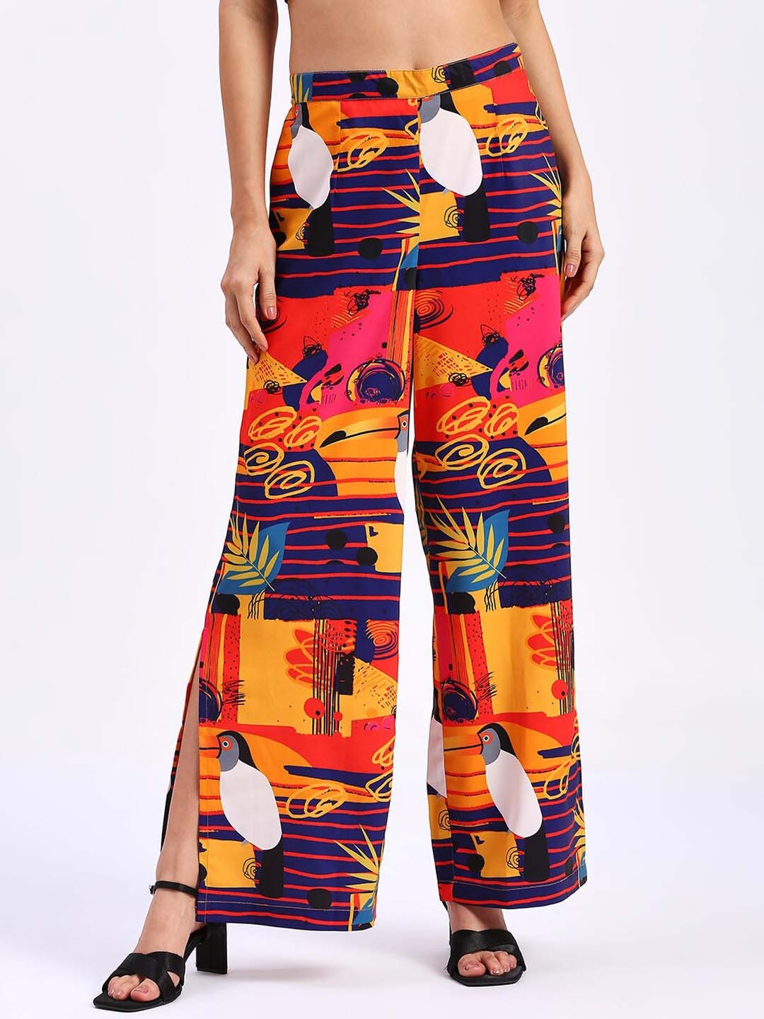 

FITHUB Women Abstract Printed Loose Fit High-Rise Parallel Trousers, Orange