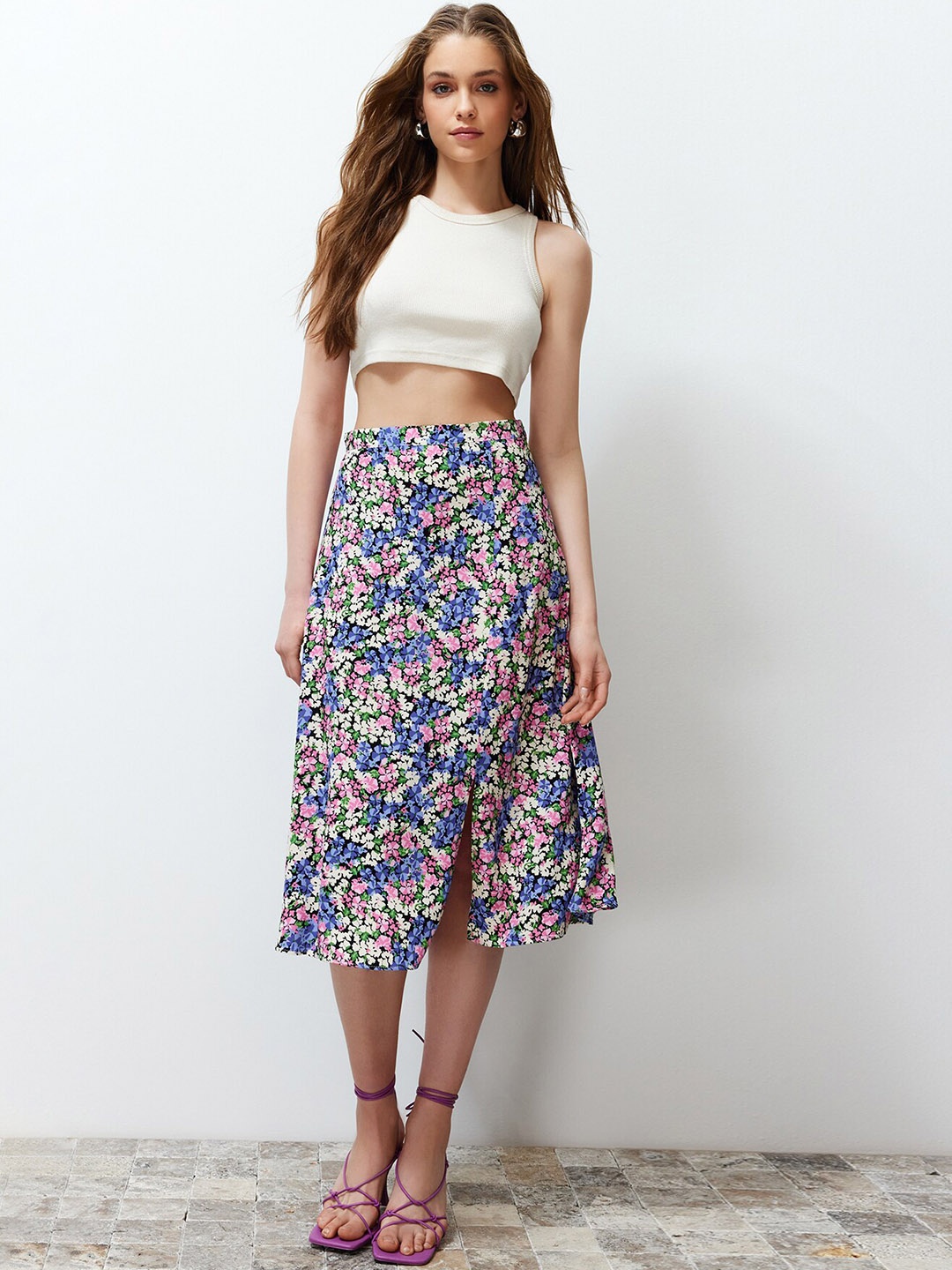 

Trendyol Floral Printed Straight Flared Midi Skirt, Blue