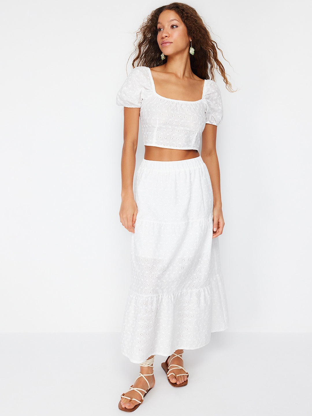 

Trendyol Embroidered Cotton Flared Maxi Skirts, White