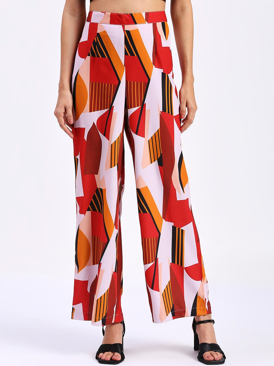 

FITHUB Women Geometric Printed Loose Fit High-Rise Trousers, Red