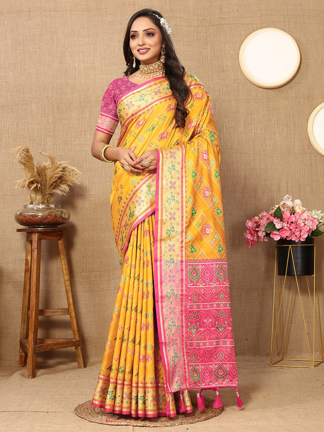 

MARGI DESIGNERS Ethnic Motifs Woven Design Zari Patola Saree, Yellow