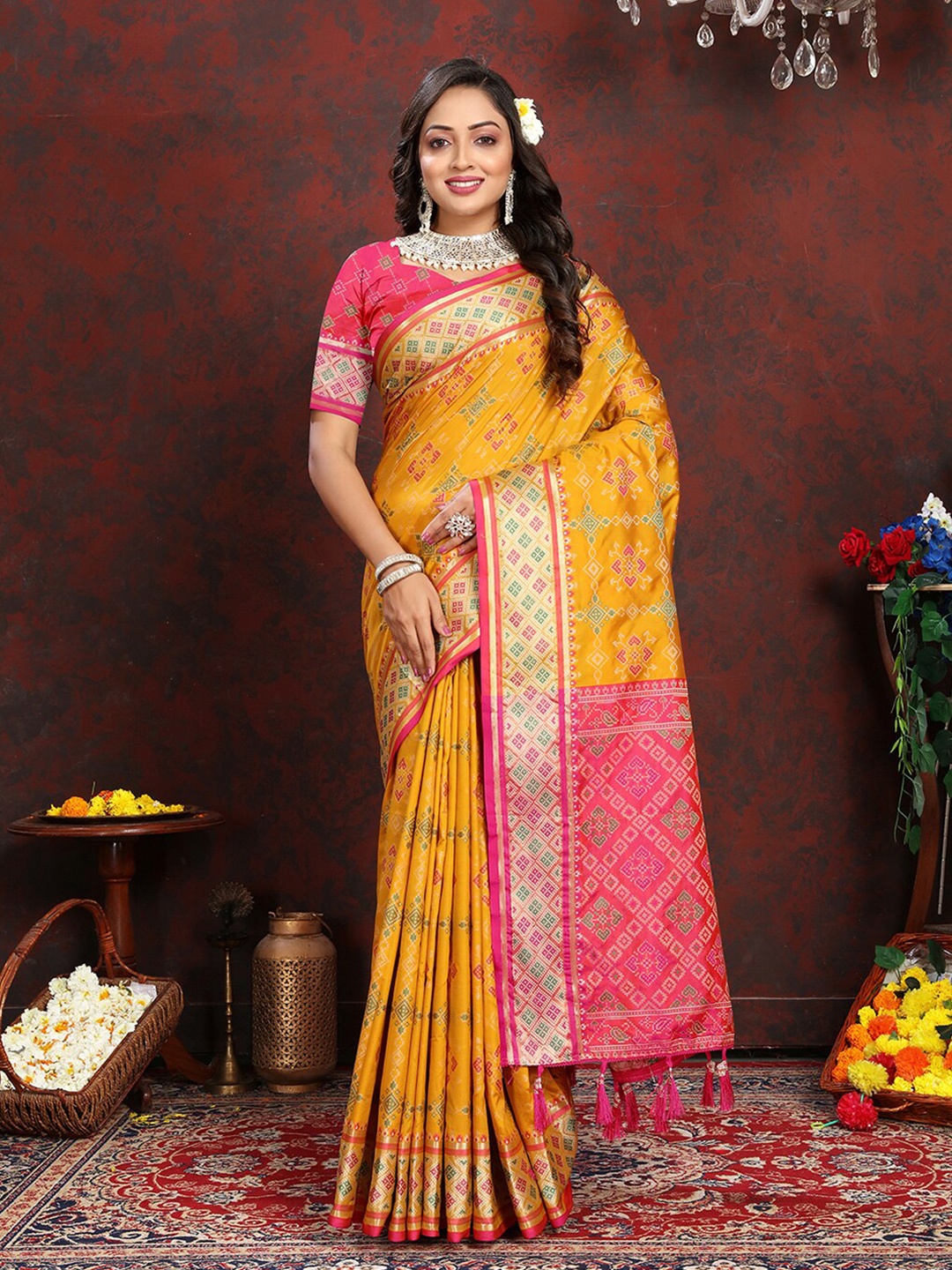 MARGI DESIGNERS Ethnic Motif Woven Design Zari Banarasi Saree, Yellow