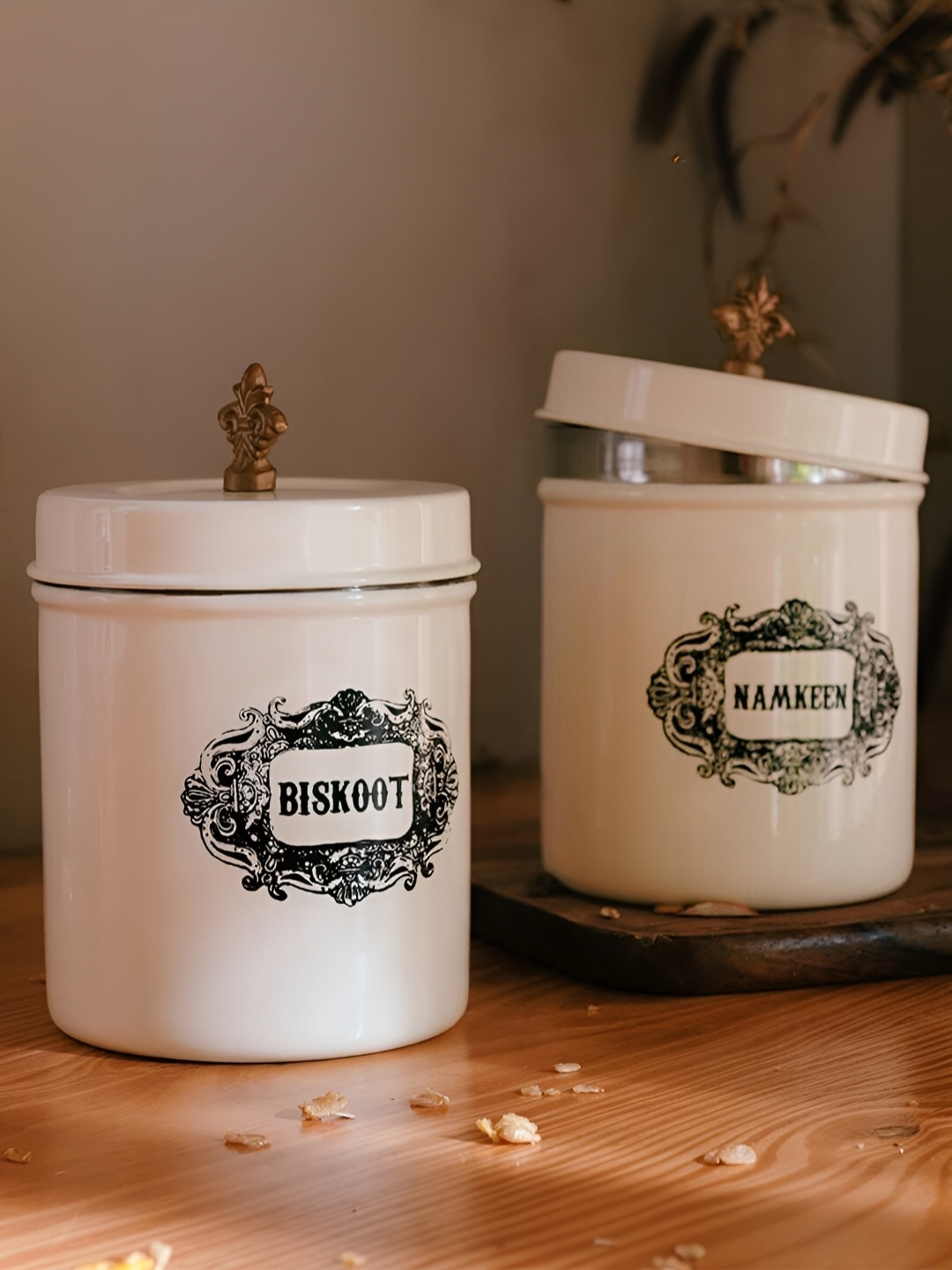 

Living With Elan Off White & Black Printed Stainless Steel Canister
