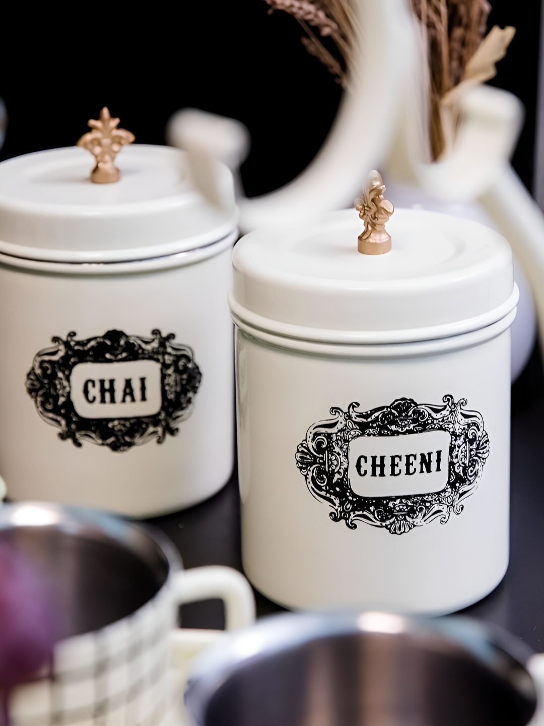 

Living With Elan Off White & Black 2 Pieces Printed Stainless Steel Canister