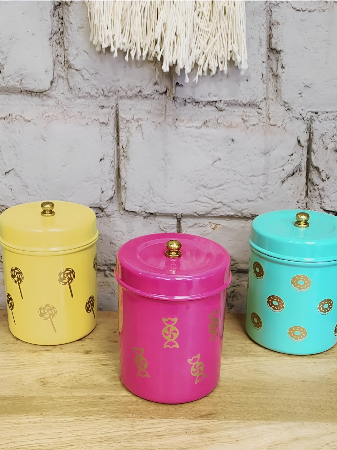 

Living With Elan Yellow & Pink 3 Pieces Printed Stainless Steel Canister, Green