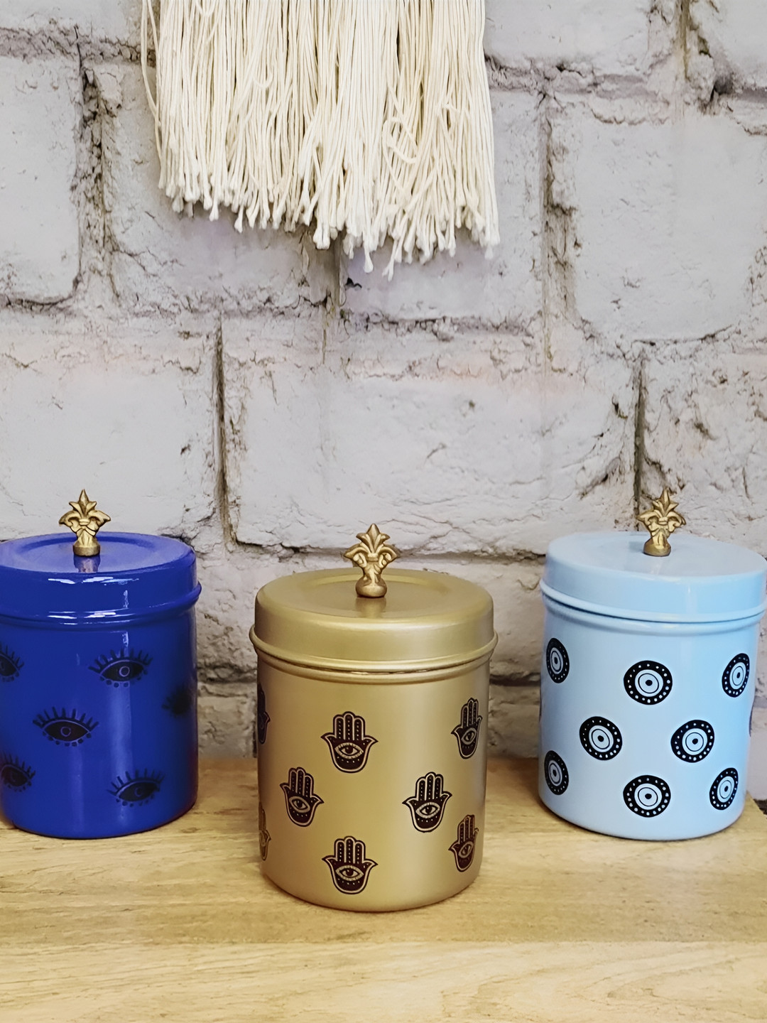 

Living With Elan Blue & Beige 3 Pieces Printed Stainless Steel Canister