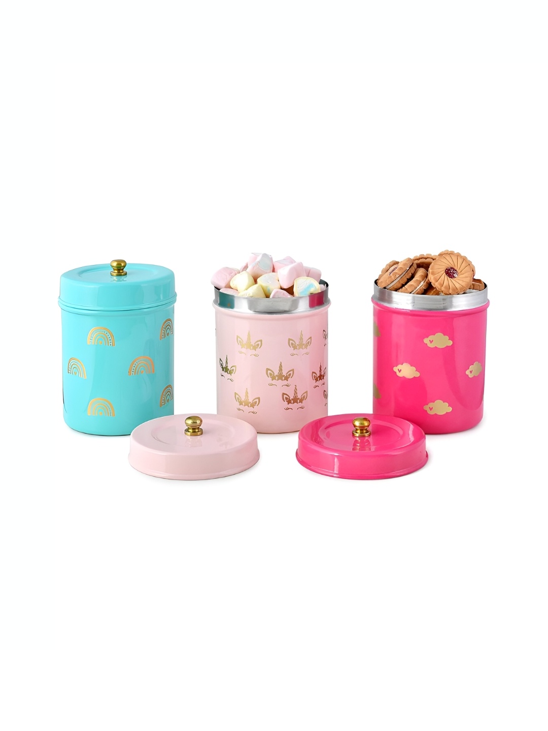 Living With Elan Green & Pink 3 Pieces Printed Stainless Steel Canister