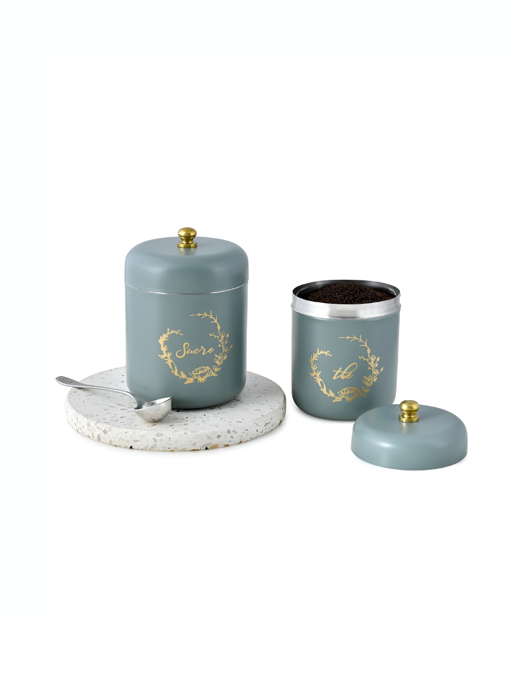 

Living With Elan 2 Pcs Green & Beige Printed Stainless Steel Canister