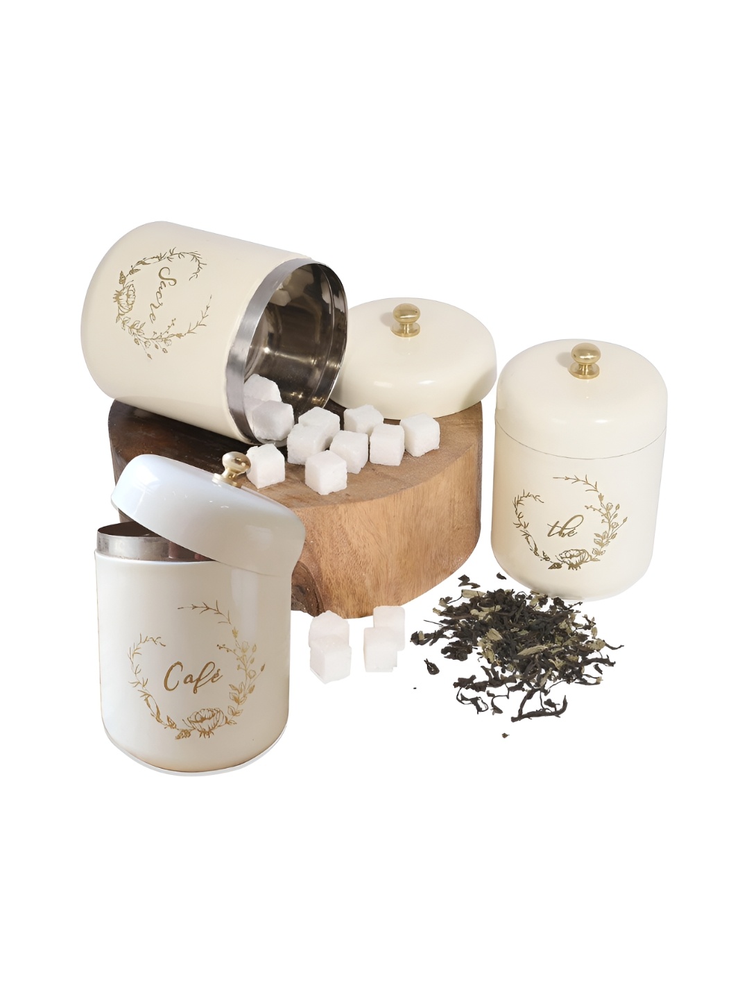 

Living With Elan Off White & Beige 3 Pieces Printed Stainless Steel Canister