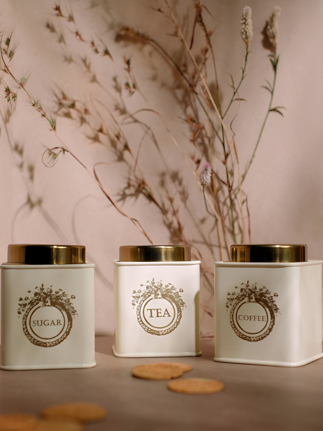 

Living With Elan Off White & Beige 3 Pieces Printed Stainless Steel Canister