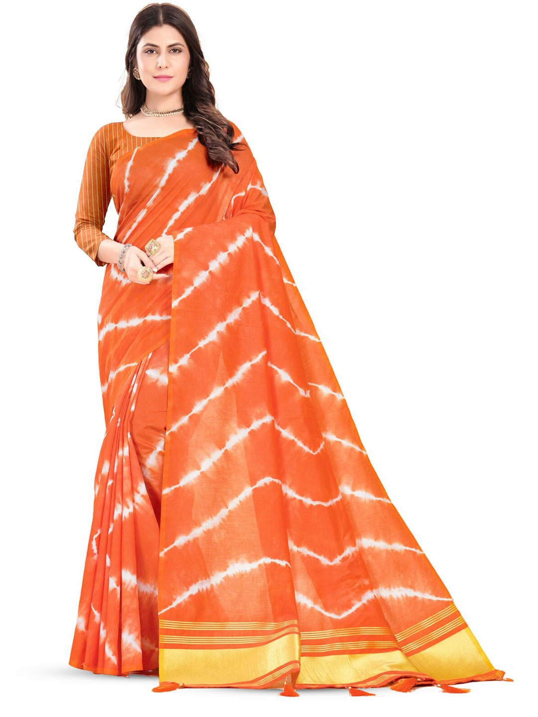 

Inithi Striped Zari Silk Cotton Saree, Orange