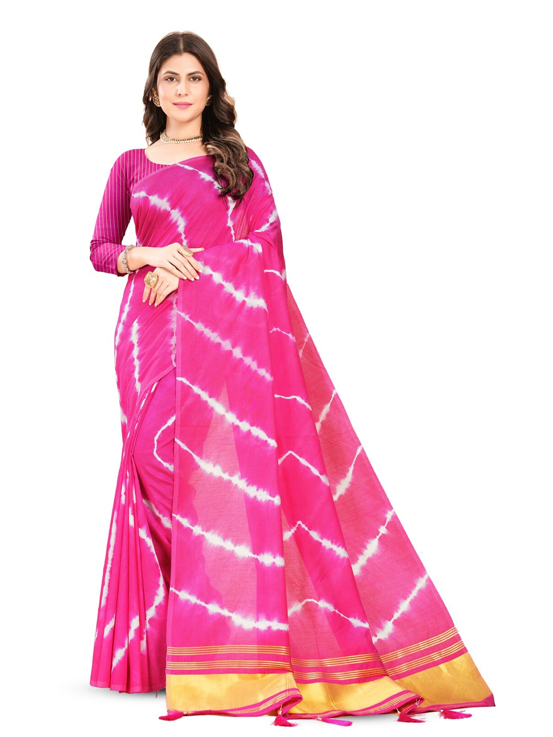 

Inithi Leheriya Zari Silk Cotton Saree, Pink