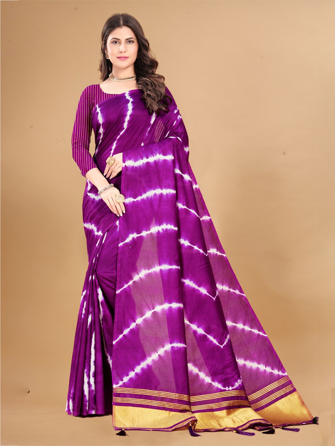 

Inithi Striped Zari Silk Cotton Saree, Purple