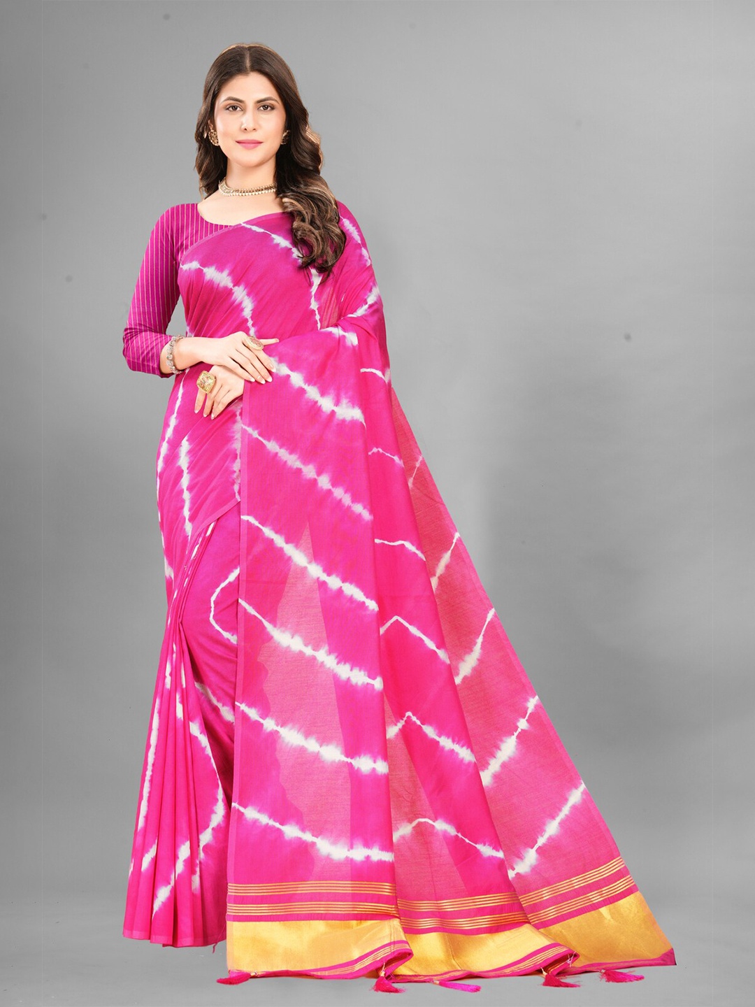 

Inithi Leheriya Zari Silk Cotton Saree, Pink