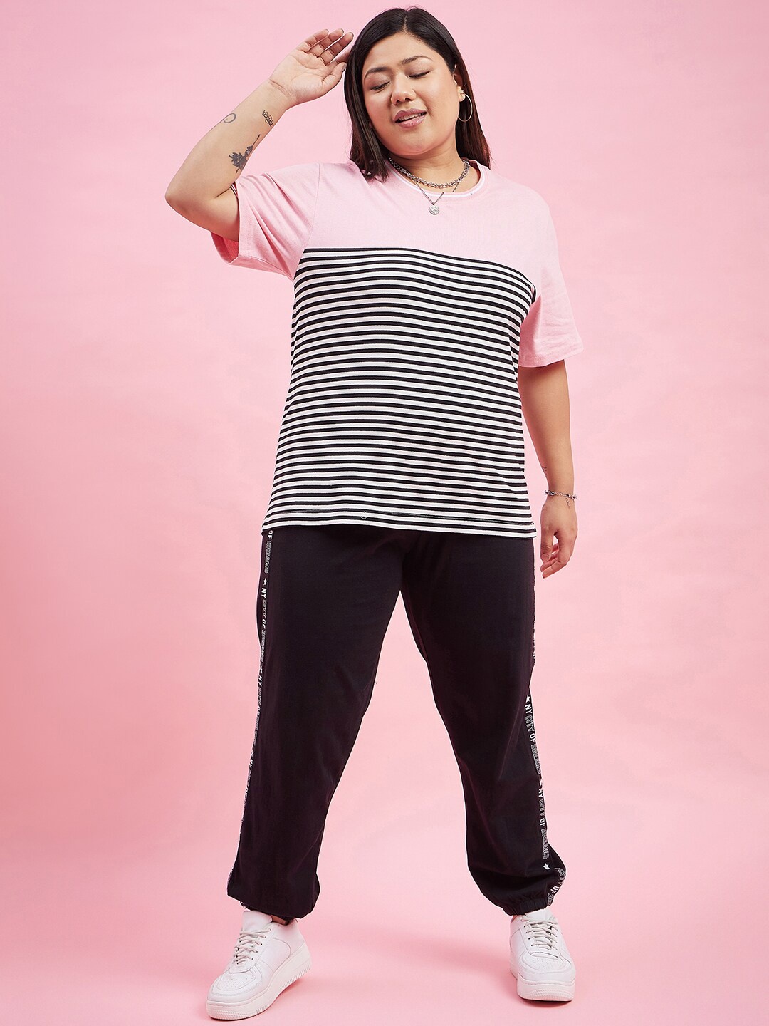 

AUSTIVO Plus Size Striped T-Shirt With Joggers Co Ords, Pink