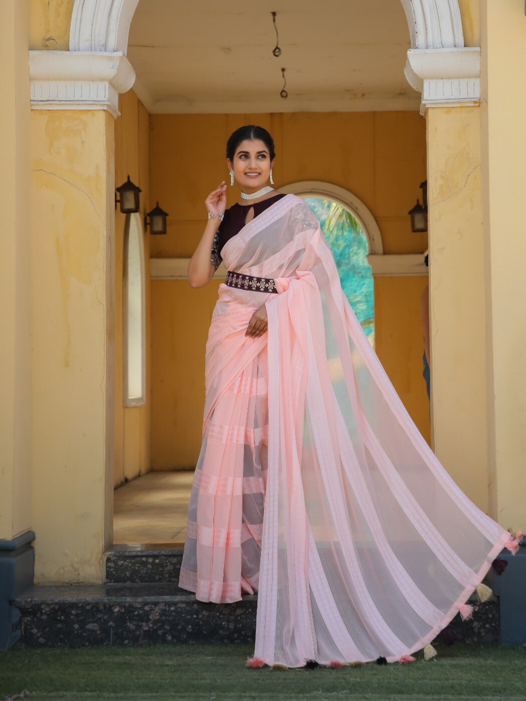 

K 5 Fashion Striped Zari Saree, Peach