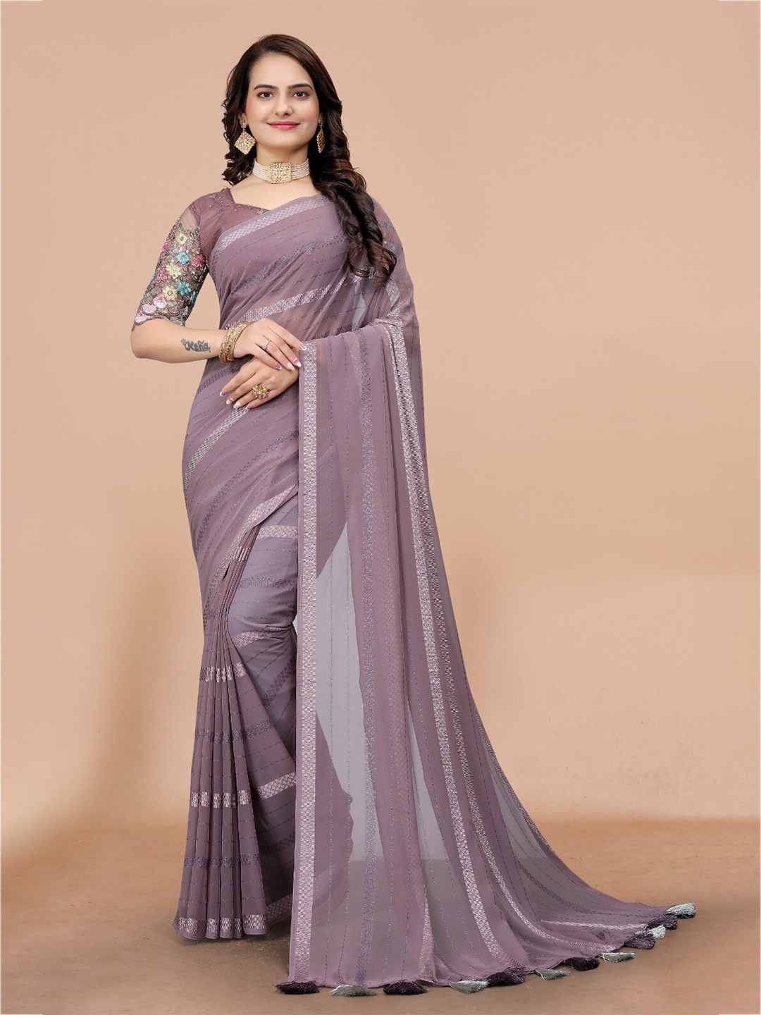 

K 5 Fashion Striped Pure Georgette Saree, Violet