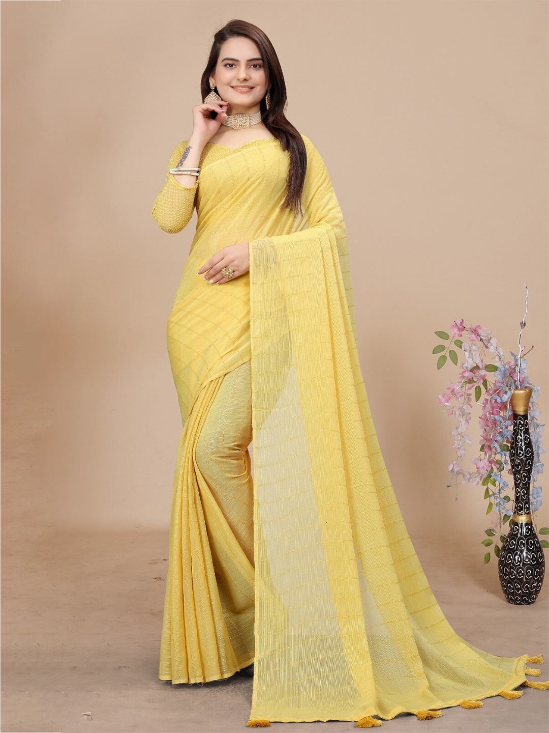 

K 5 Fashion Striped Chiffon Saree, Yellow