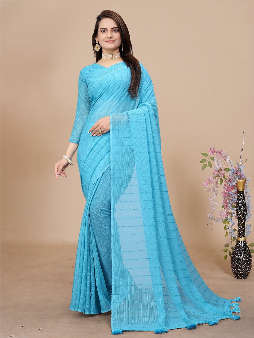 

K 5 Fashion Striped Chiffon Saree, Blue